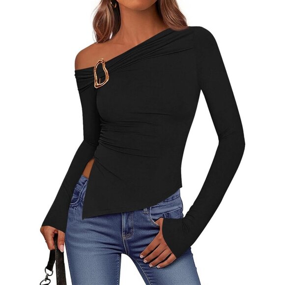 Tops - Women Off Shoulder Top Viscose Elastane Slim Fit Asymmetrical Long Sleeve